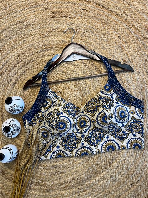 Stylish Ajrakh White and Blue Halter neck Blouse – WEVOW