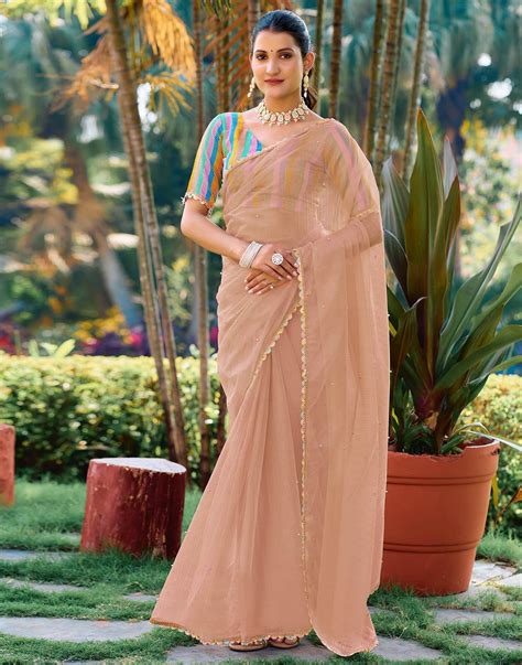 Peach Shimmer Net Pearl Work Embellished Saree – Sudathi