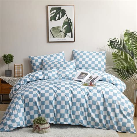 Amazon.com: Pureant Blue and White Plaid Comforter Set Queen Blue ...