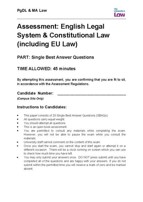 2526 PgDL MA Law ELSC CE01 Past Paper: Single Best Answer Questions ...