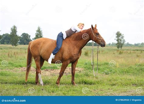 Beautiful Blonde Woman Riding Horse Bareback Stock Photo - Image of ...