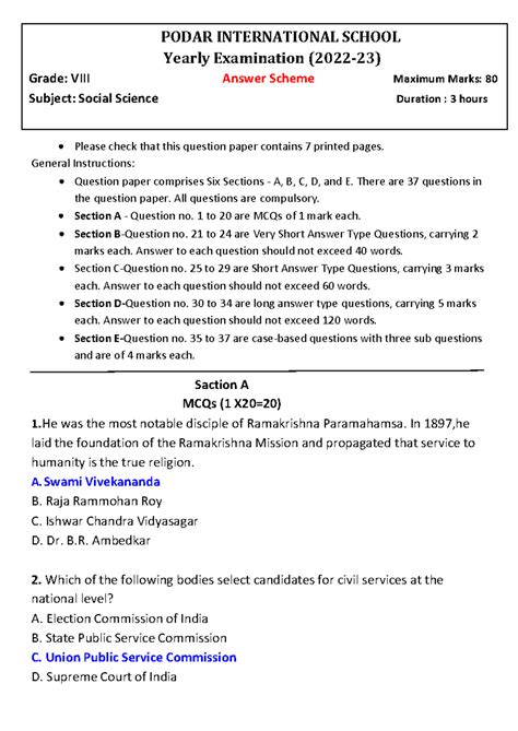 Yearly Examination Question paer - PODAR INTERNATIONAL SCHOOL Yearly ...
