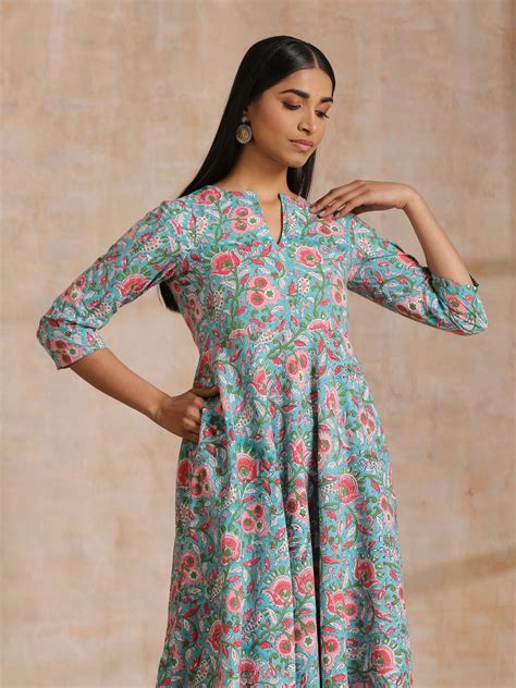 Turkish Blue Overall Floral Block Print Cotton Flared Kurta Pant Set ...