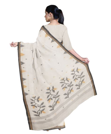 Tantuja cream grey handloom cotton silk jamdani saree – GoSwadeshi