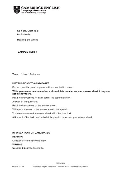 KET-sample paper - ####### KEY ENGLISH TEST for Schools Reading and ...