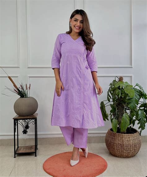 Pink Cotton Chikankari Angrakha Style Kurta and Pant Set – Libas India