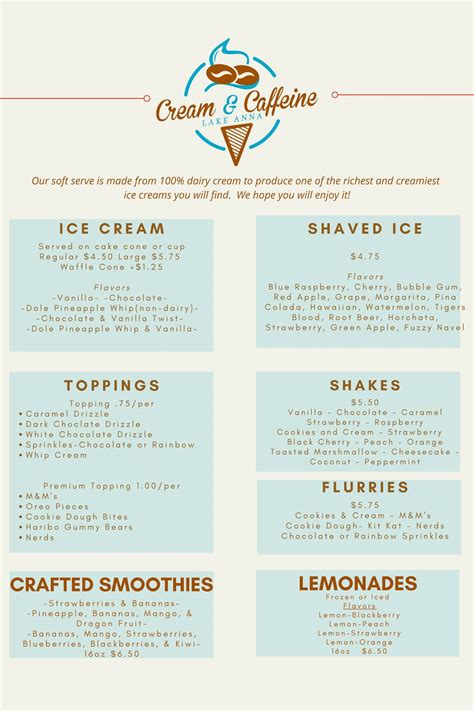 Menu at Lake Anna Cream and Caffeine cafe, USA