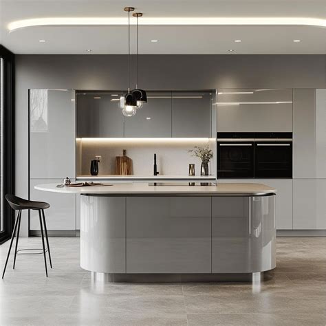 Contemporary Gray Kitchen with Sleek Curved Island and Modern Aesthetics