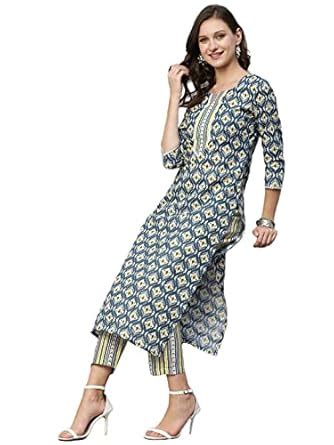 Buy GoSriKi Women's Cotton Blend Straight Printed Kurta with Pant Set ...