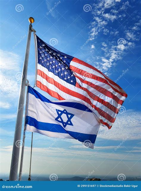 Israeli and American Flags Flying in the Blue Sky without People Stock ...