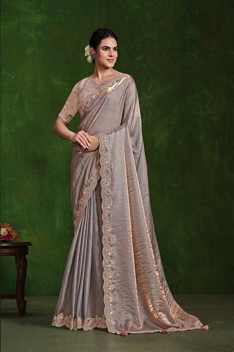Peach 2 Tone Satin Silk Dual Sequence with Diamond work Saree with Sti