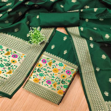 Bottle Green Floral Zari Woven Banarasi Silk Dress Material