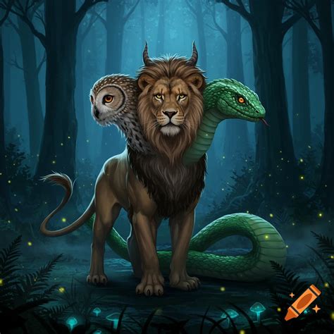 A mythical creature with a lion's body, horned lion head, owl head, and ...