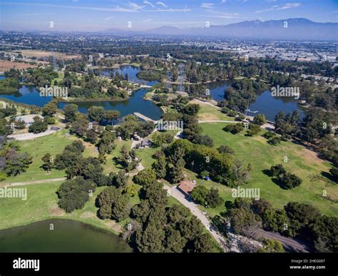 Sunny aerial view of Whittier Narrows Recreation at South El Monte, Los ...