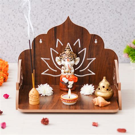 eCraftIndia Brown Lotus Designer Beautiful Wooden Temple for Home Offi