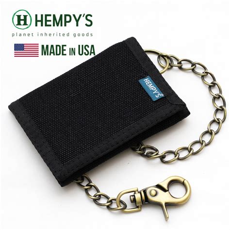 サイフ 短財布 3折 チェーン付 麻 ヘンプ ヘンピーズ Hemp Tri-fold Chain Wallet Black with ...
