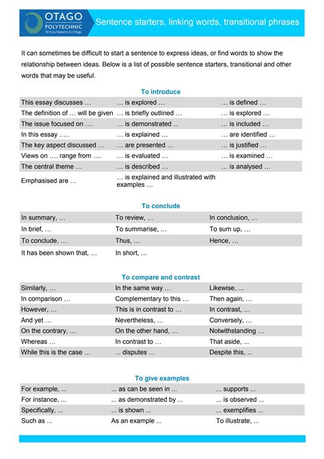 SOLUTION: Sentence starters linking words transitional phrases 2018 - Studypool