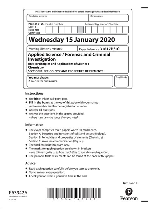31617 H1C-Jan-2020 - Pearson's Level 3 BTEC Applied Science UNIT 1 2020 ...