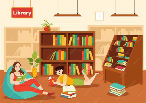 Library illustration of book shelves with interior wooden furniture for ...