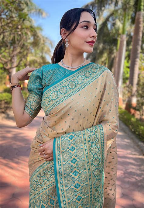 Chickoo Pure Tissue Zari Woven Saree with Contrast Weaves – Elite Weaves