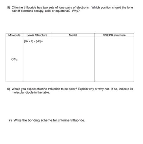 5) Chlorine trifluoride has two sets of lone pairs of...