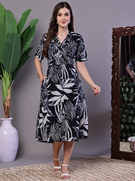 Aawari Tropical Palm Print Black & White Cotton Shirt Dress - Midi Dre