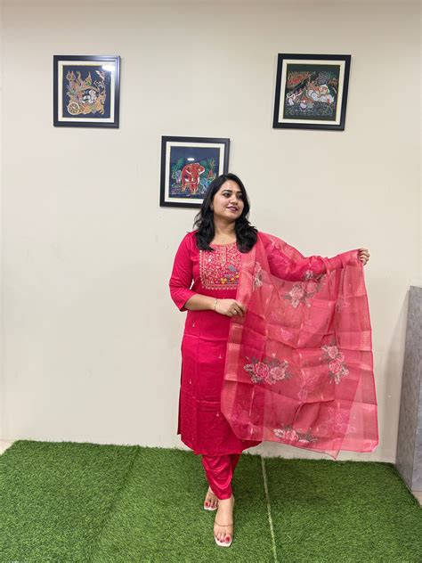 Gajji Silk Straight Suit Set with Embroidery and Organza Zari Dupatta ...
