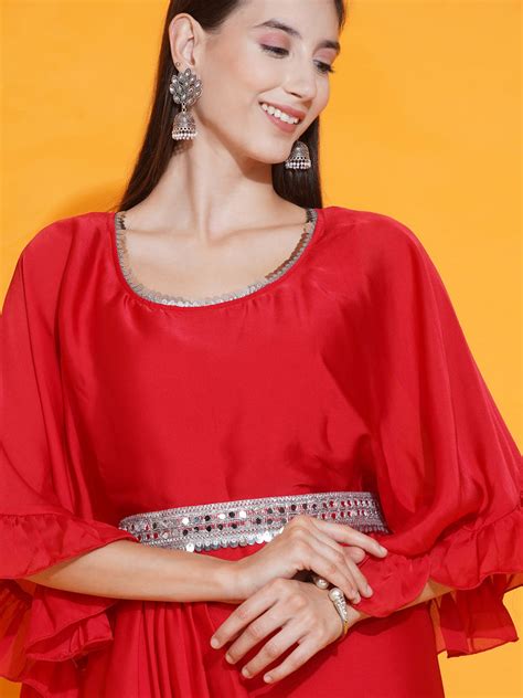 Red Georgette Ethnic Dress with Embellished Belt-WRK438 – Women Republic