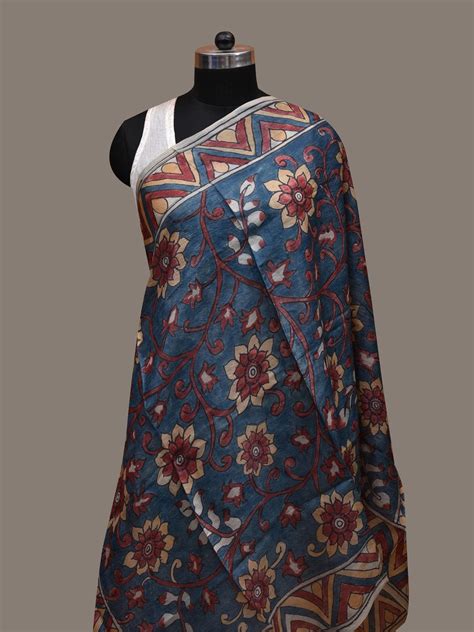 Blue and Yellow Kalamkari Hand Painted Tussar Handloom Dupatta with Fl ...