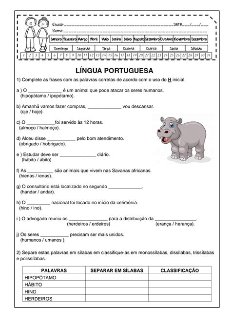 Ortografia H inicial Atividade de língua portuguesa para trabalhar ...