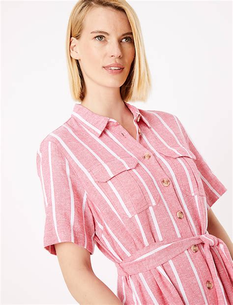 Buy Linen Striped Belted Midi Shirt Dress at Marks & Spencer