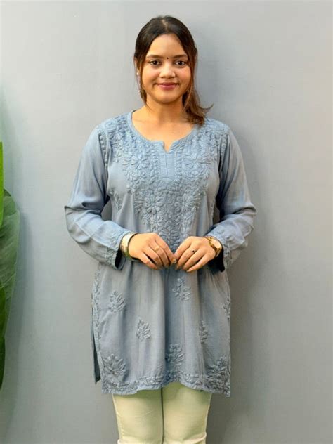 Grey Rayon Chikankari Short Kurta – Hand Embroidered – R S CHIKANKARI