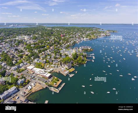 Aerial view of Marblehead town center and Marblehead Harbor in town of ...