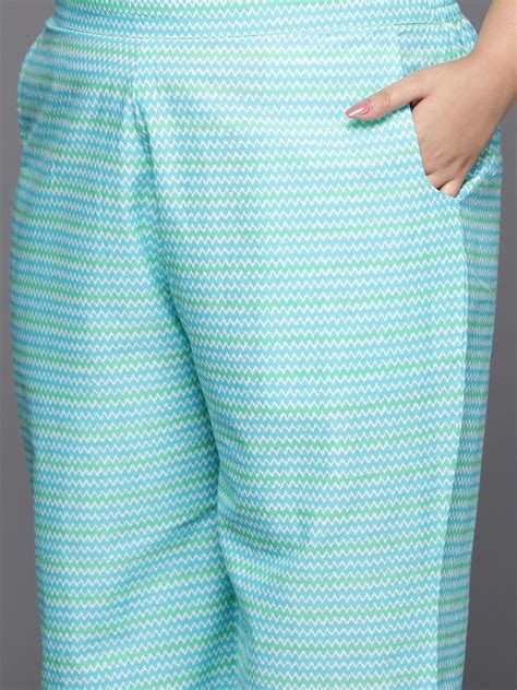 Buy Plus Size Turquoise Blue Printed Cotton Straight Kurta With ...