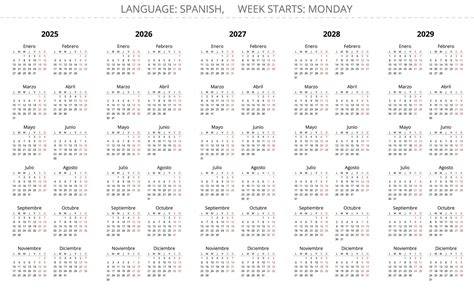 Premium Vector | 2025 2026 2027 2028 2029 spanish year calendars Simple ...