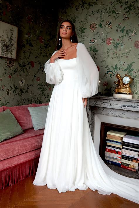 44360: Clean A-Line Dress with Chiffon Blouson Sleeves | Sincerity Bridal