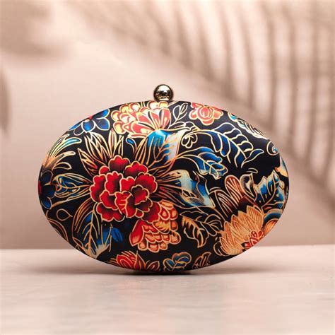 Red and Blue Floral Printed Oval Clutch - Artklim