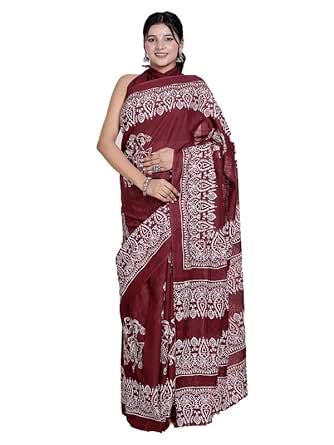 Buy SANGANERI HAST KALA Pure Cotton Maroon Handblock Print Saree with ...