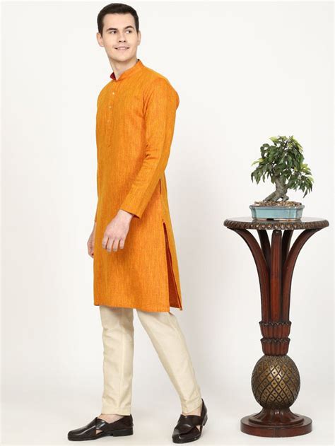 Buy Mustard Yellow Printed Silk Blend Kurta for Men – The Kurta Company