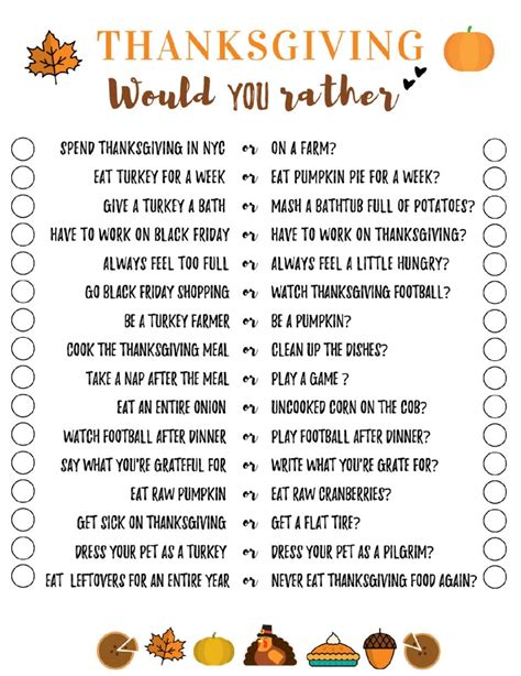 THANKSGIVING WOULD YOU RATHER Printable | Thanksgiving activities ...