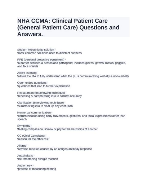 Clinical Patient Care: Questions and Answers for General Patient Care | Exams Medicine | Docsity