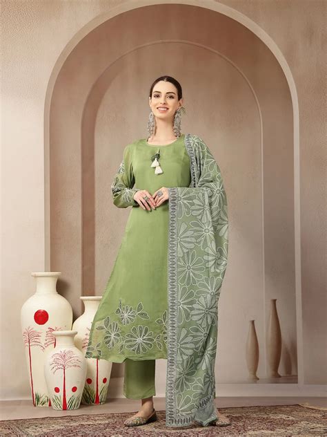 Green Mul Chanderi Silk Keyhole Neck A-Line Kurta Trouser Dupatta Set ...
