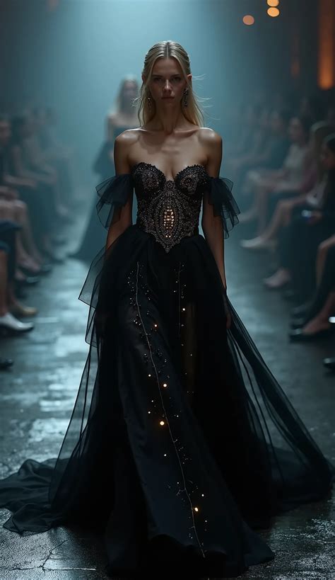 A woman in a black dress walking down a runway - SeaArt AI