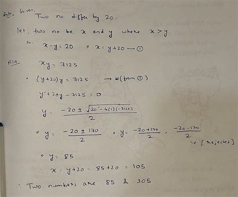 Two numbers deffer by 20 and has product of 7125 - Brainly.in