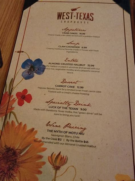 Menu at West Texas Chophouse steakhouse, El Paso
