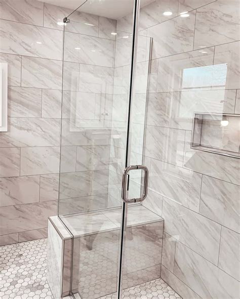 Gray Marble Tile Shower with Built-in Bench - Soul & Lane