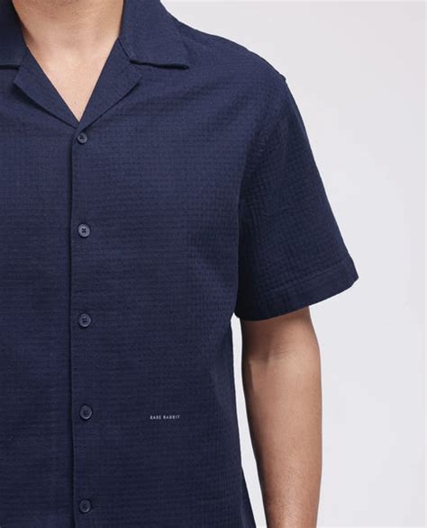 Rare Rabbit Men's Rics Navy Cotton Textured Boxy Fit Half Sleeve Colla