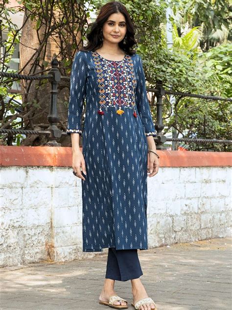 Navy Blue Ikat Print Cotton Kurta with Neck Embroidery – Saffron Threads