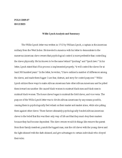 Willie lynch letter analysis summary - POLS 2305- 03/12/ Willie Lynch ...