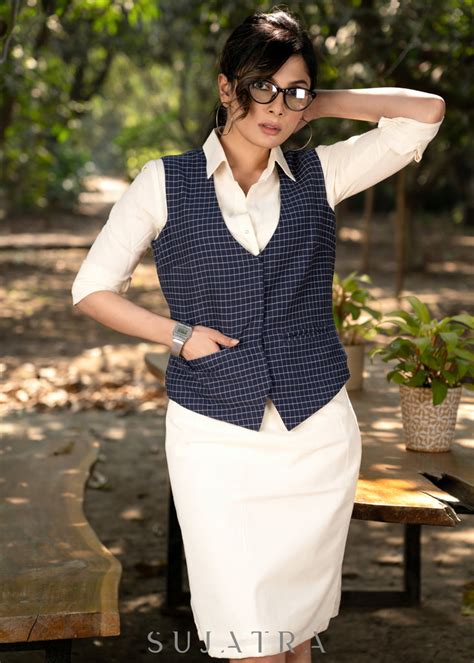 Elegant navy blue checkered cotton formal waistcoat with optional form ...